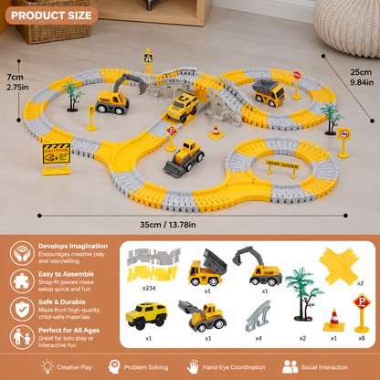 Construction Truck Race Track Playset with Bridge, Vehicles & Road Signs