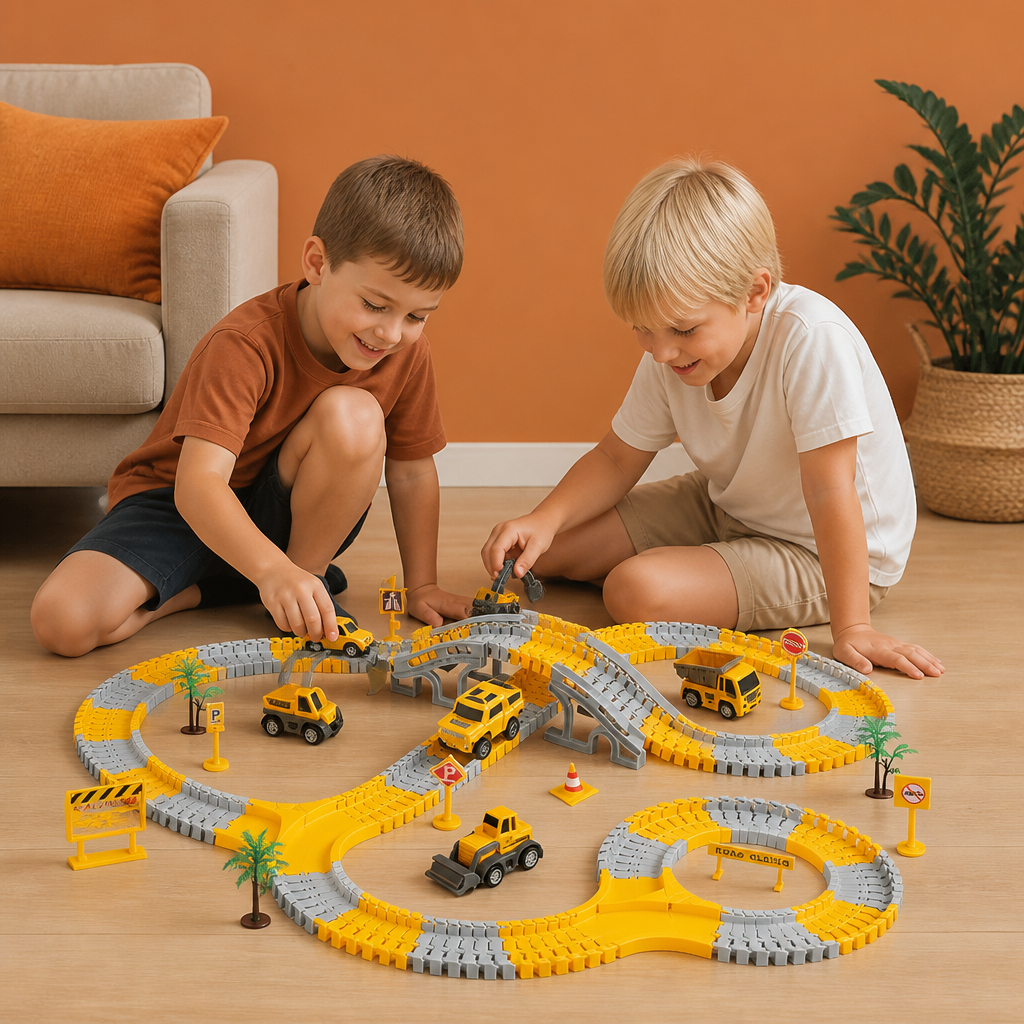 Construction Truck Race Track Playset with Bridge, Vehicles & Road Signs
