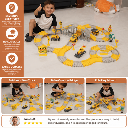 Construction Truck Race Track Playset with Bridge, Vehicles & Road Signs