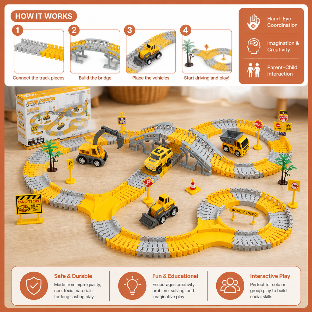 Construction Truck Race Track Playset with Bridge, Vehicles & Road Signs