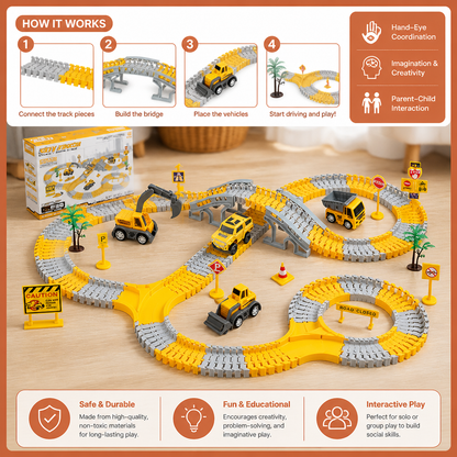 Construction Truck Race Track Playset with Bridge, Vehicles & Road Signs