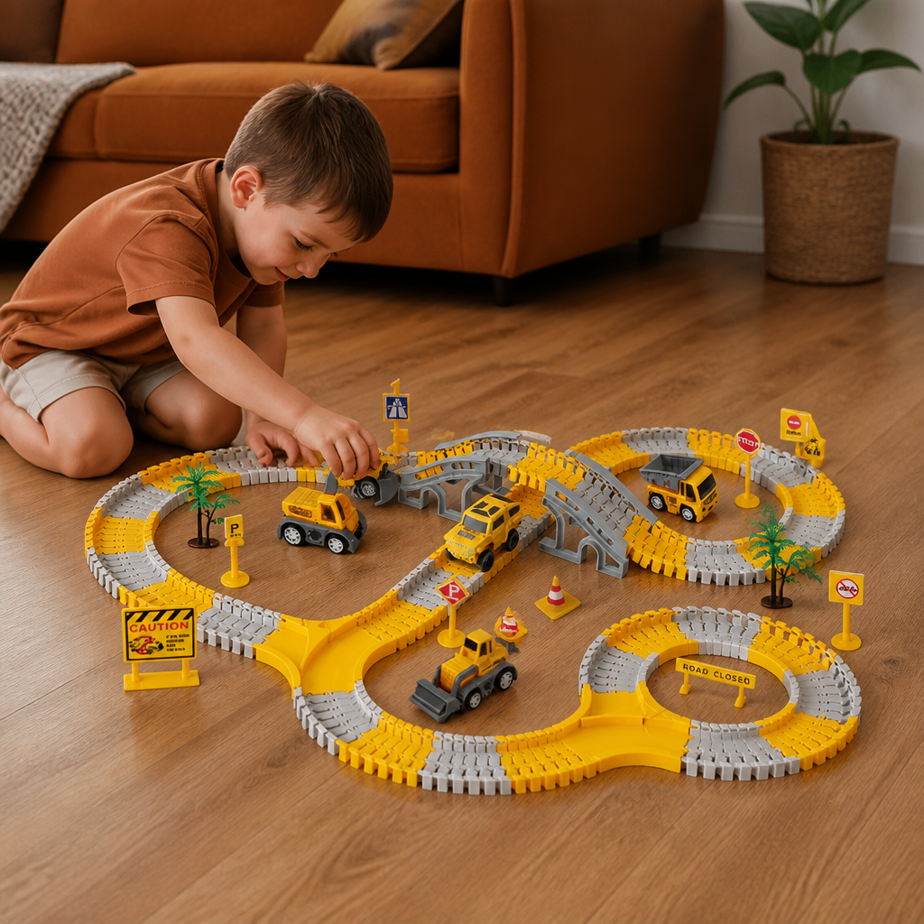 Construction Truck Race Track Playset with Bridge, Vehicles & Road Signs
