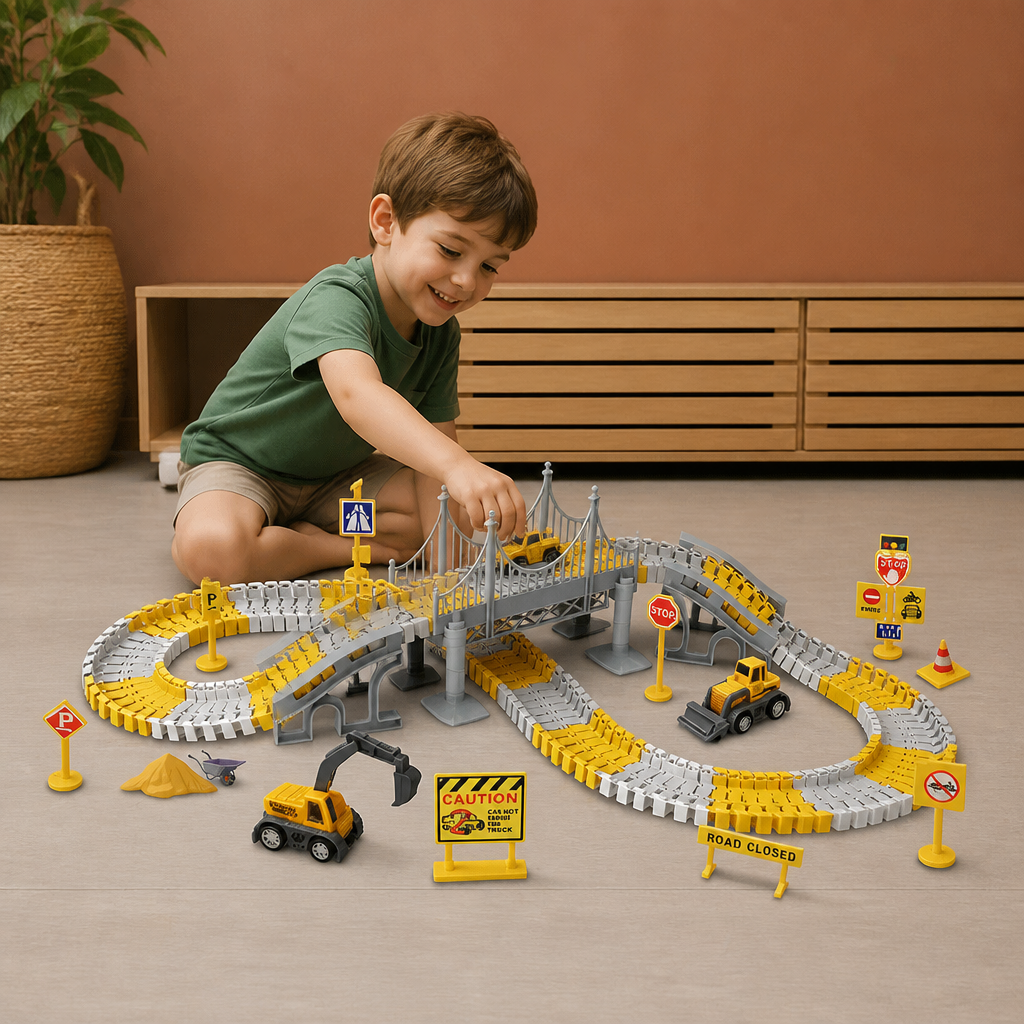 Construction Truck Race Track Playset with Bridge, Vehicles & Road Signs