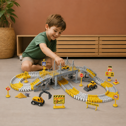 Construction Truck Race Track Playset with Bridge, Vehicles & Road Signs