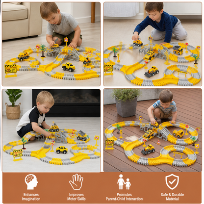 Construction Truck Race Track Playset with Bridge, Vehicles & Road Signs
