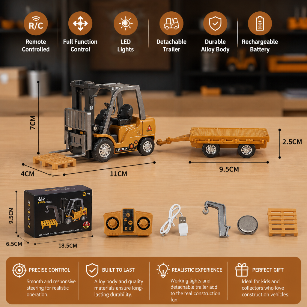 1:64 Scale RC Construction Vehicles – Forklift, Excavator, Dump Truck & Bulldozer