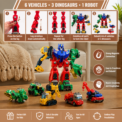 6-in-1 Magnetic Transforming Toy – Build 6 Vehicles, 3 Dinosaurs & 1 Robot