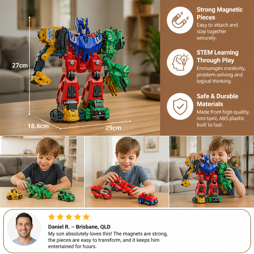 6-in-1 Magnetic Transforming Toy – Build 6 Vehicles, 3 Dinosaurs & 1 Robot
