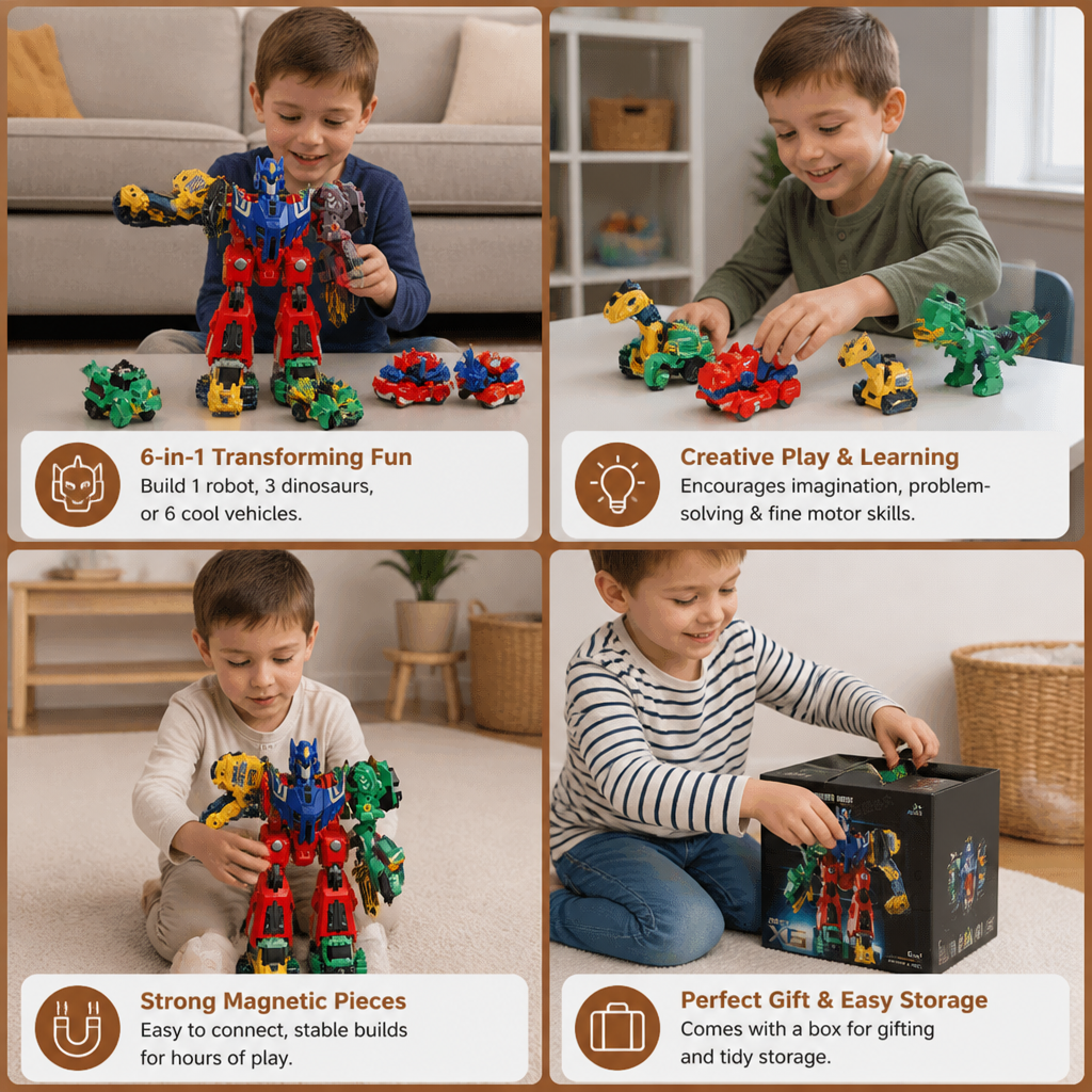 6-in-1 Magnetic Transforming Toy – Build 6 Vehicles, 3 Dinosaurs & 1 Robot