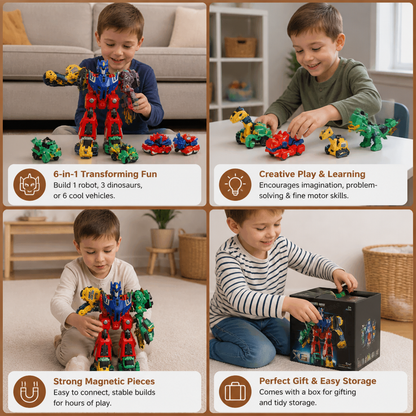 6-in-1 Magnetic Transforming Toy – Build 6 Vehicles, 3 Dinosaurs & 1 Robot