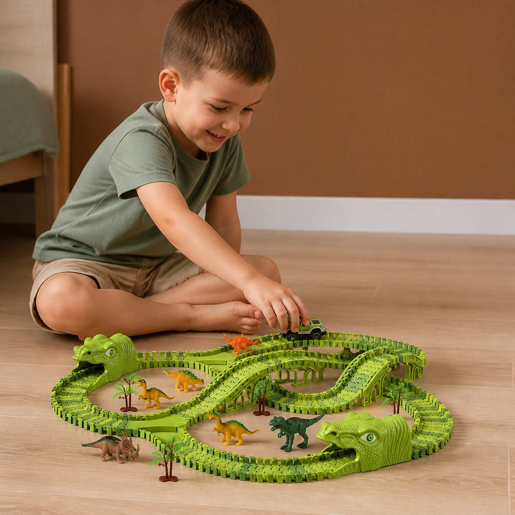 215-Piece Dinosaur Race Track Set with Motorized Cars, Bridge & Dinosaur Figures
