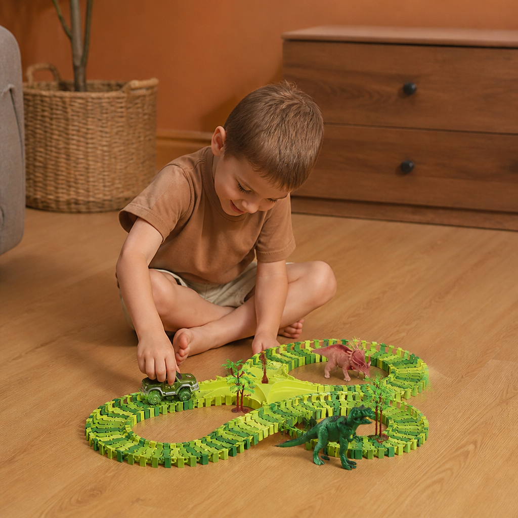 215-Piece Dinosaur Race Track Set with Motorized Cars, Bridge & Dinosaur Figures