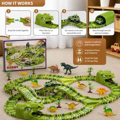 215-Piece Dinosaur Race Track Set with Motorized Cars, Bridge & Dinosaur Figures