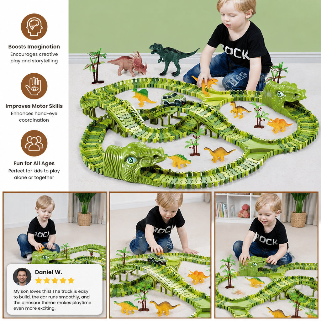 215-Piece Dinosaur Race Track Set with Motorized Cars, Bridge & Dinosaur Figures