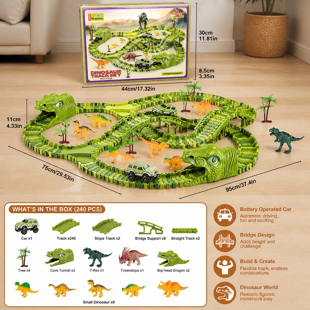 215-Piece Dinosaur Race Track Set with Motorized Cars, Bridge & Dinosaur Figures