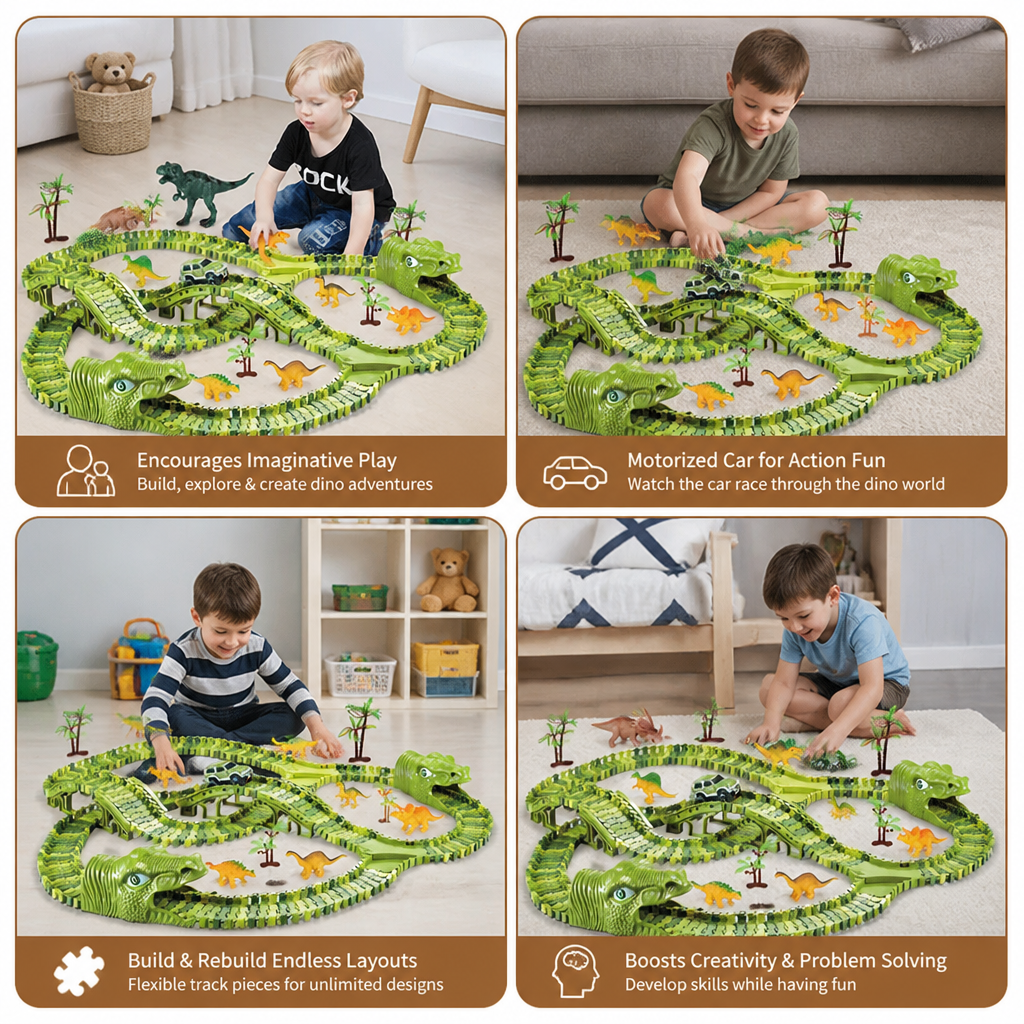 215-Piece Dinosaur Race Track Set with Motorized Cars, Bridge & Dinosaur Figures