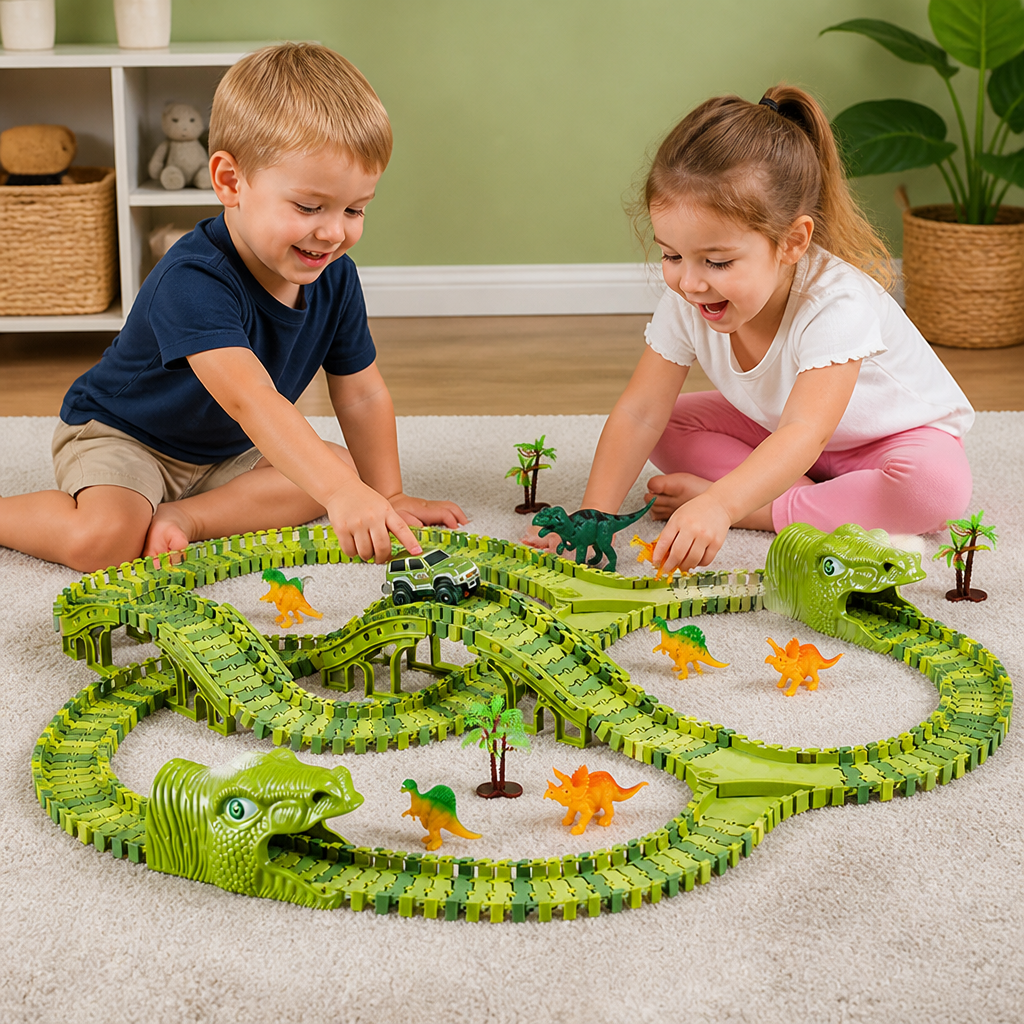 215-Piece Dinosaur Race Track Set with Motorized Cars, Bridge & Dinosaur Figures