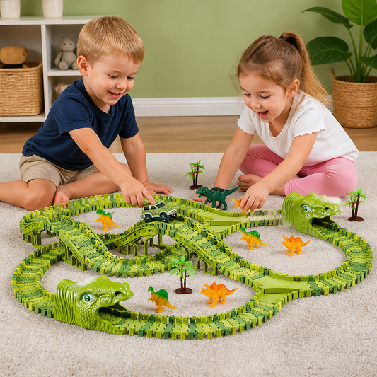 215-Piece Dinosaur Race Track Set with Motorized Cars, Bridge & Dinosaur Figures