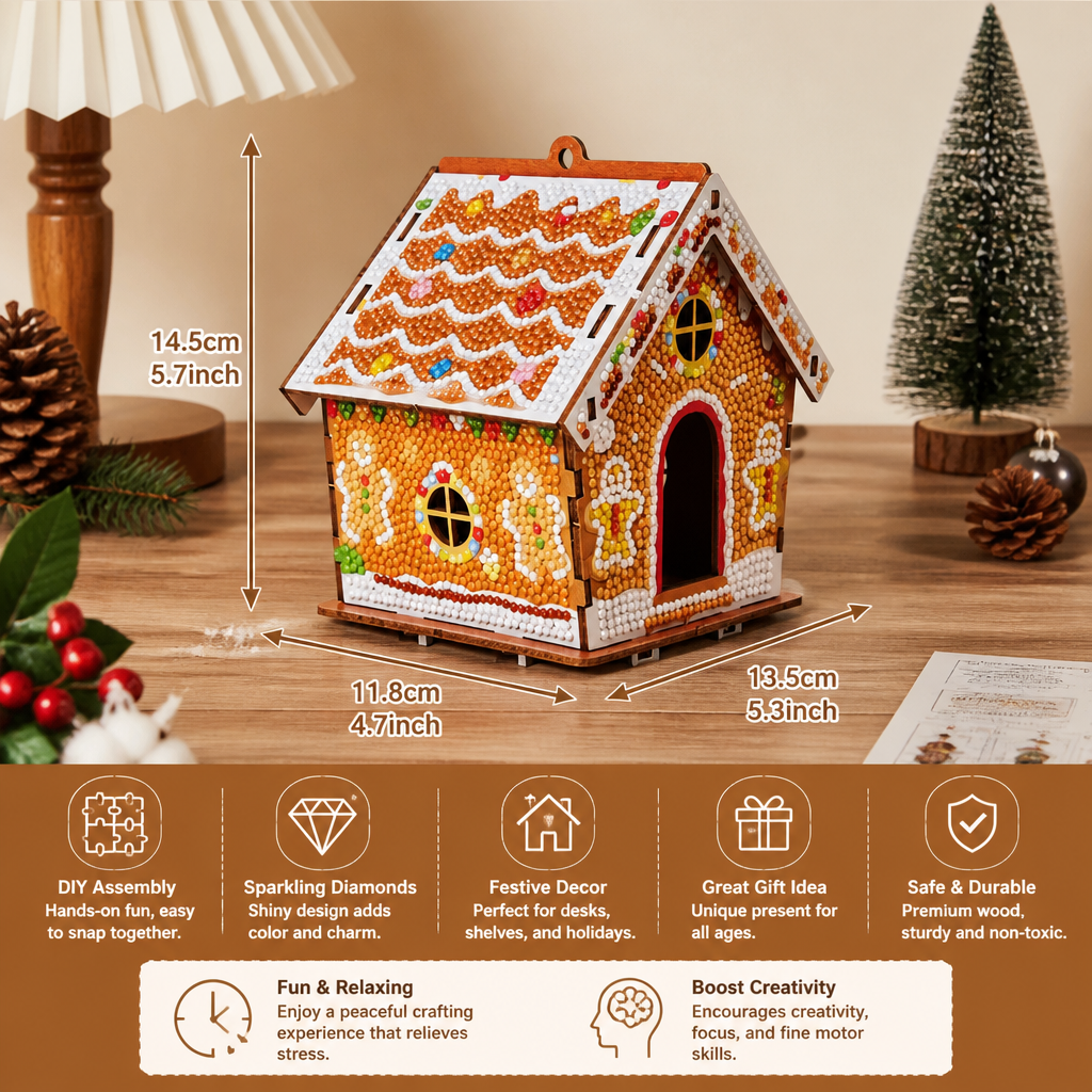 DIY 3D Wooden Gingerbread House Puzzle & Diamond Art Kit