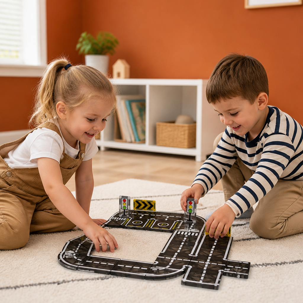 Magnetic Tiles & Building Blocks Set with Roads & Traffic Lights