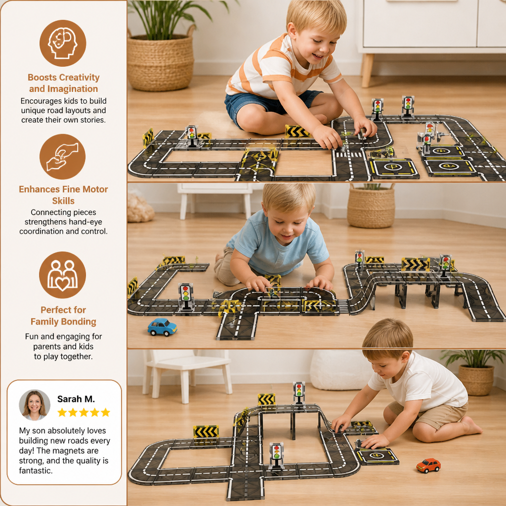 Magnetic Tiles & Building Blocks Set with Roads & Traffic Lights