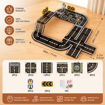 Magnetic Tiles & Building Blocks Set with Roads & Traffic Lights