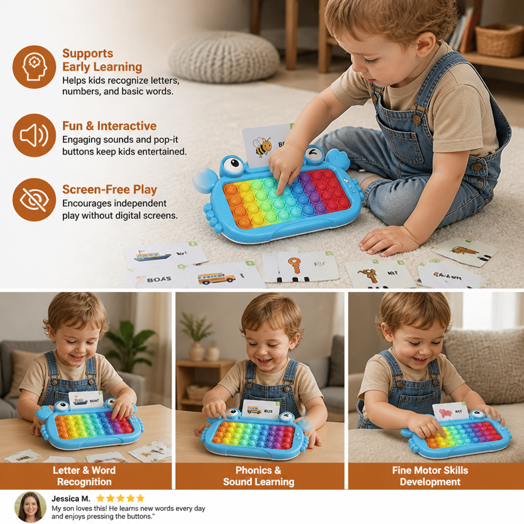 Interactive Talking Flash Card Learning Tablet with Pop-It Keyboard, Spelling & Phonics Games