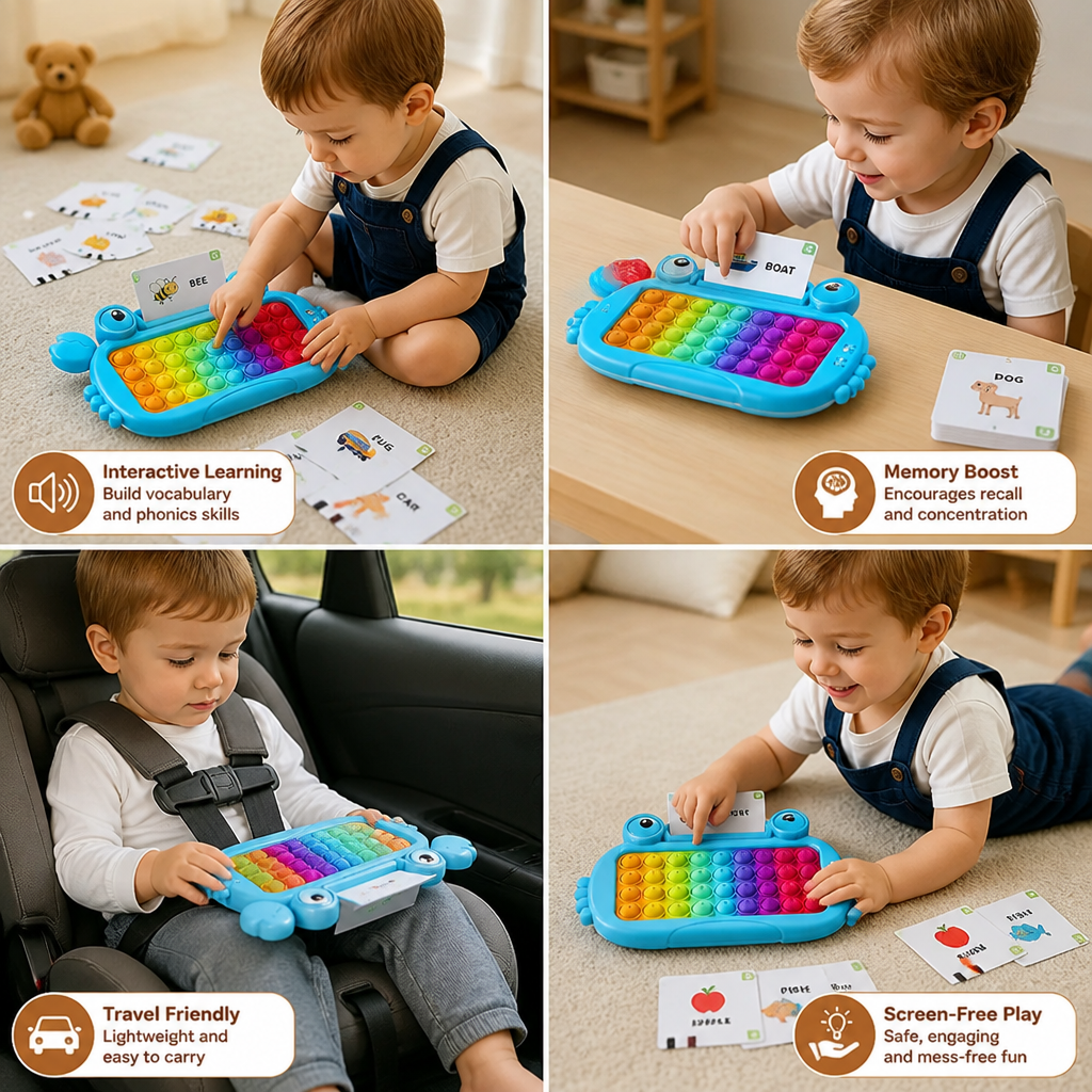 Interactive Talking Flash Card Learning Tablet with Pop-It Keyboard, Spelling & Phonics Games