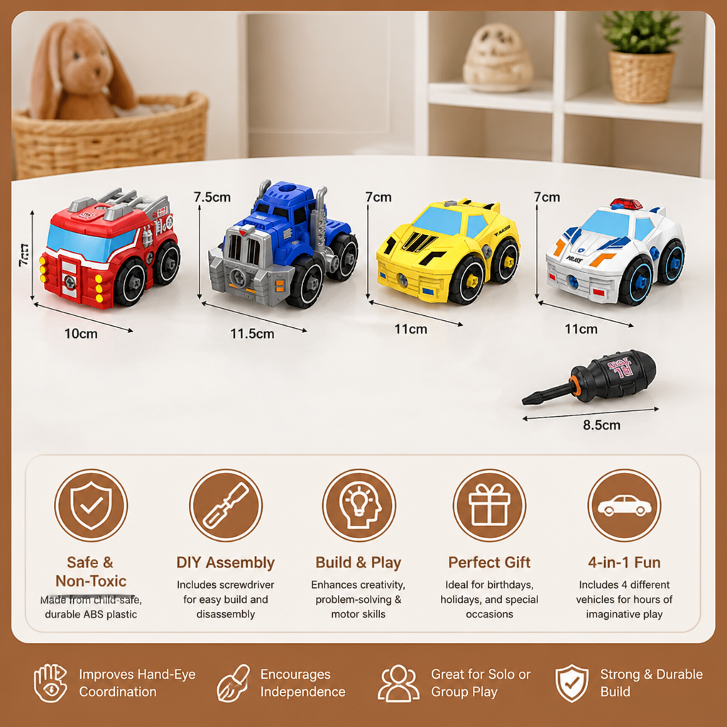 4-Piece DIY Take-Apart City Vehicle Set with Toy Drill