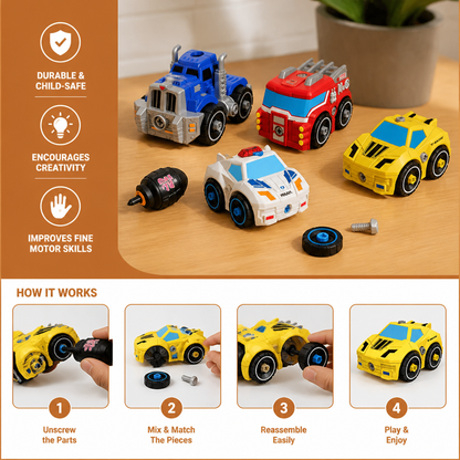 4-Piece DIY Take-Apart City Vehicle Set with Toy Drill