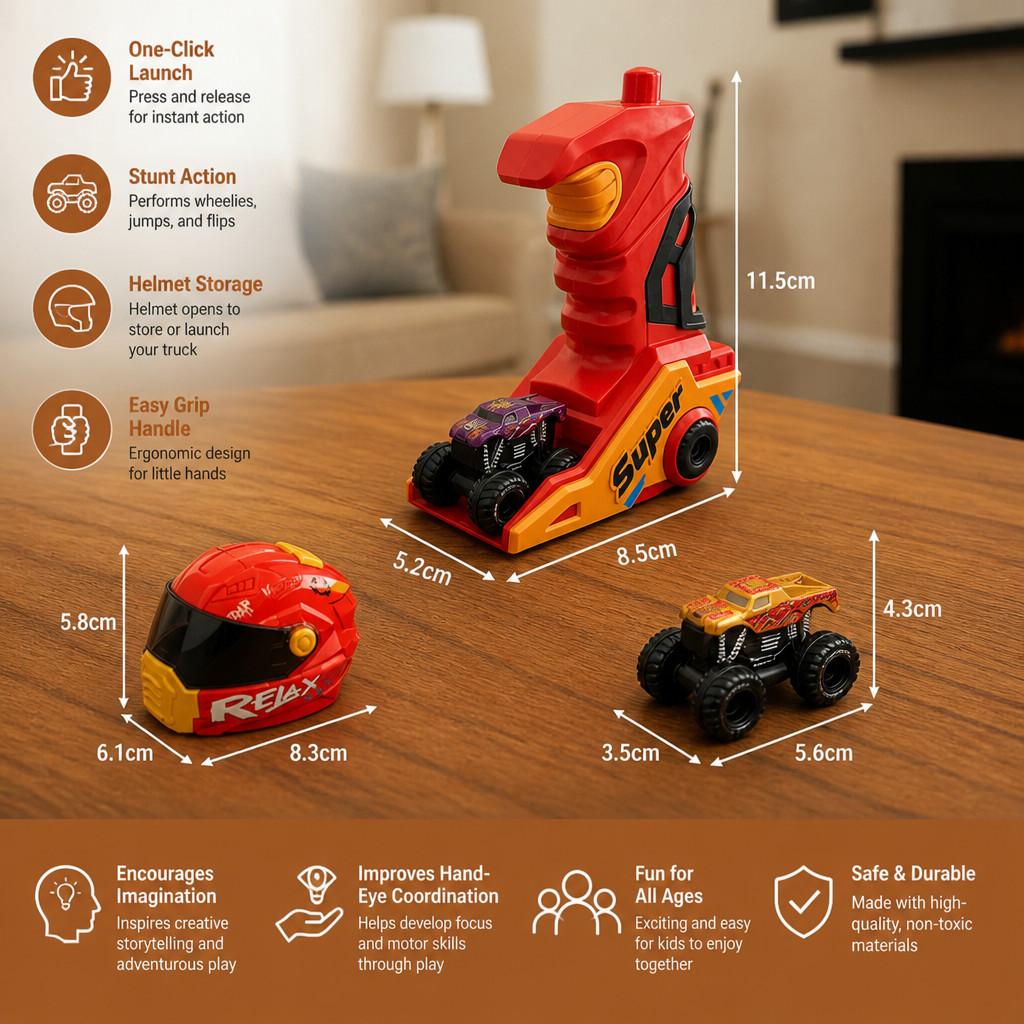 One-Click Monster Truck Launcher with Helmet & Handle Design