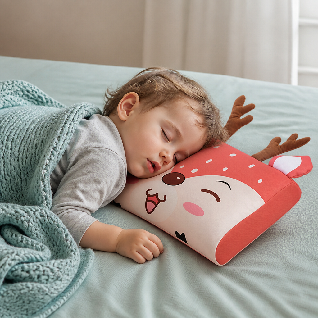 Calming Ergonomic Kids’ Pillow with Cartoon Animal Pillowcase