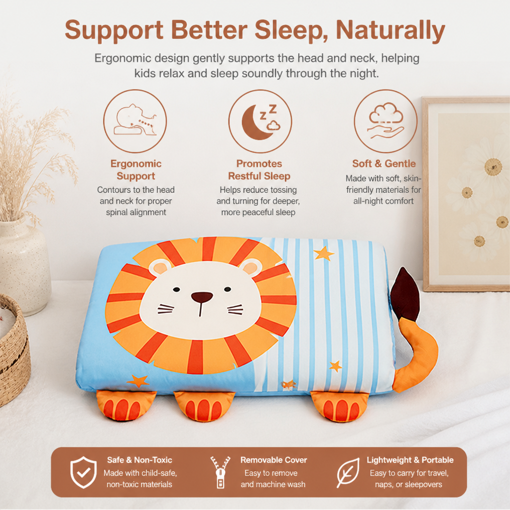 Calming Ergonomic Kids’ Pillow with Cartoon Animal Pillowcase