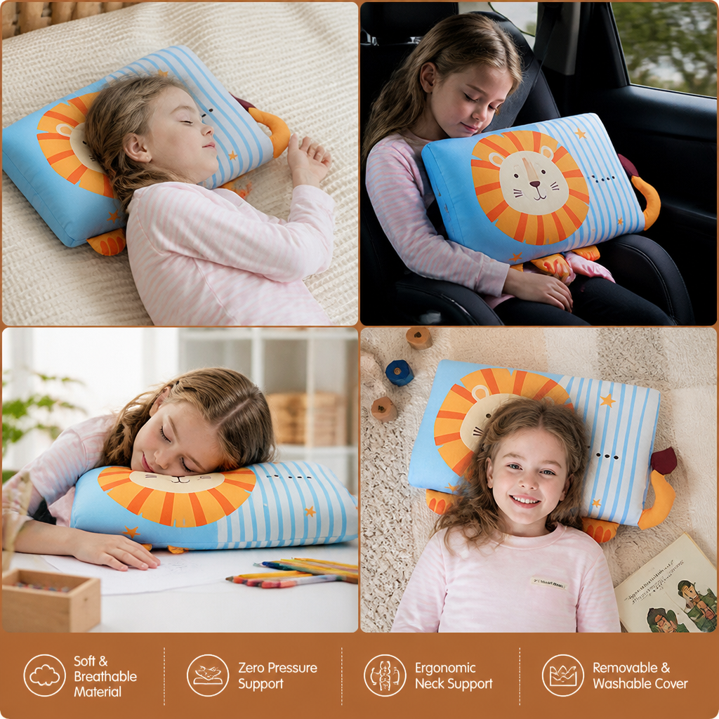 Calming Ergonomic Kids’ Pillow with Cartoon Animal Pillowcase