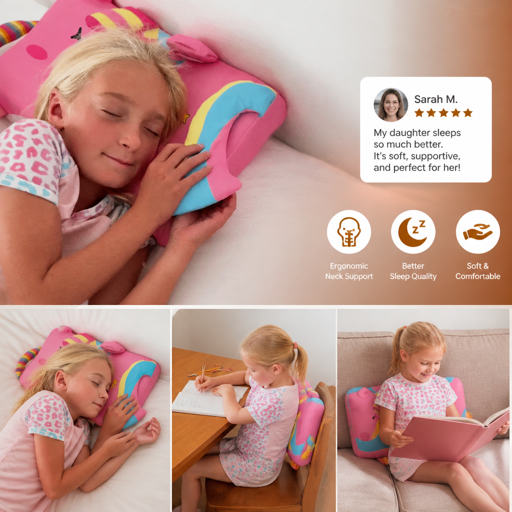 Calming Ergonomic Kids’ Pillow with Cartoon Animal Pillowcase