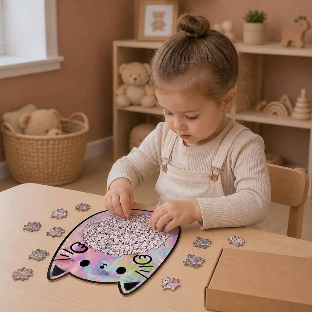 135-Piece Wooden Jigsaw Puzzle with Cat-Shaped Pieces