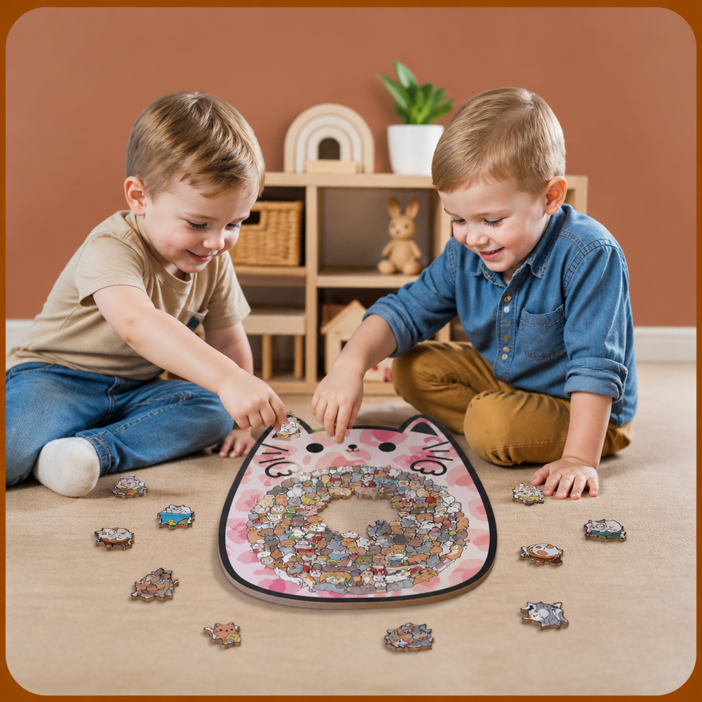 135-Piece Wooden Jigsaw Puzzle with Cat-Shaped Pieces
