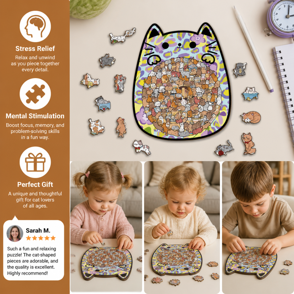 135-Piece Wooden Jigsaw Puzzle with Cat-Shaped Pieces