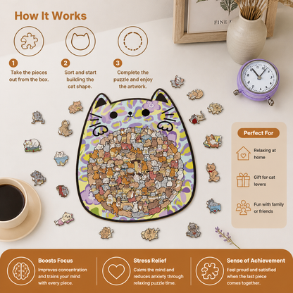 135-Piece Wooden Jigsaw Puzzle with Cat-Shaped Pieces
