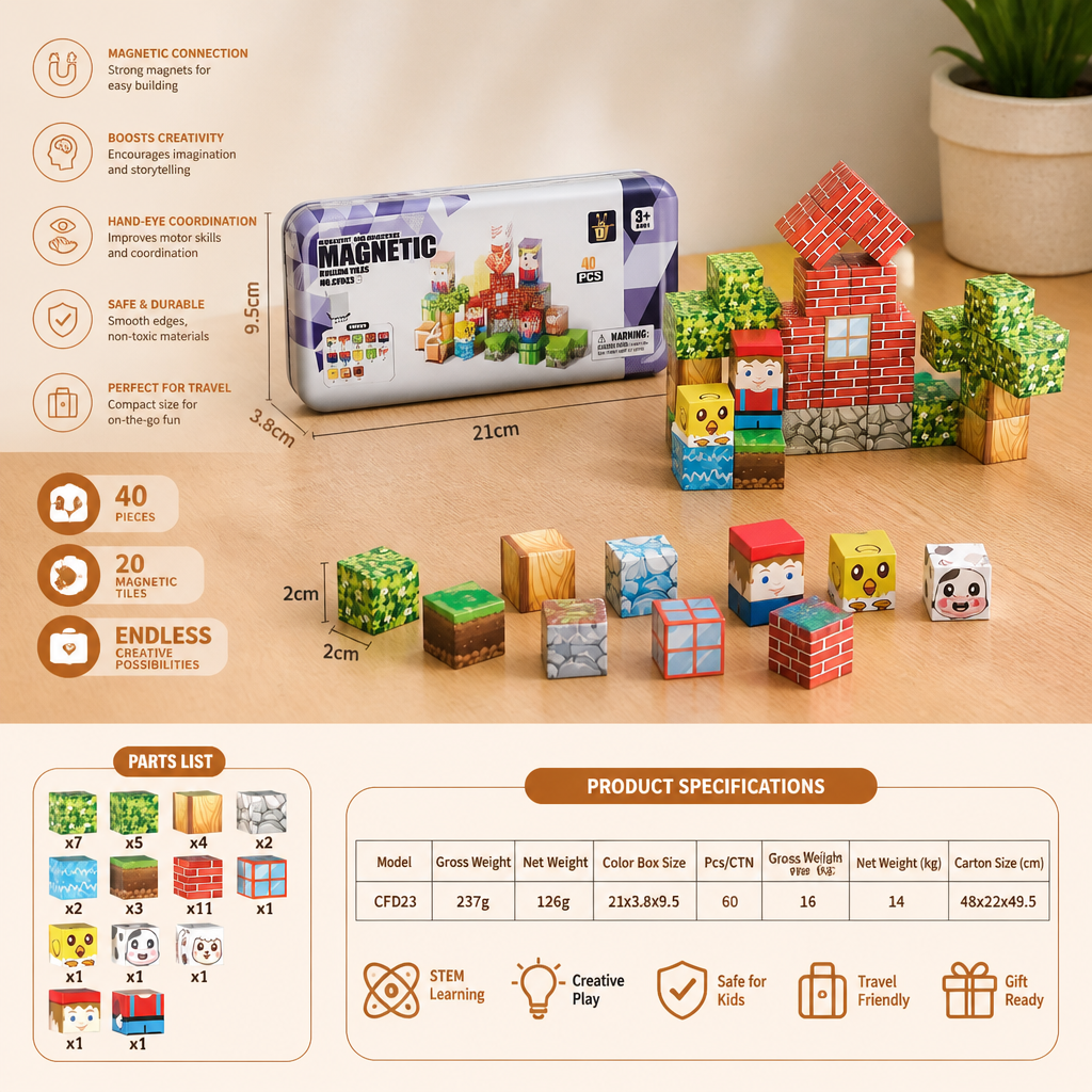 40-Piece Magnetic Building Blocks Set for Kids – Perfect for On-the-Go Fun