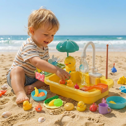 Kids Play Kitchen Sink Set with Running Water & Fishing Game