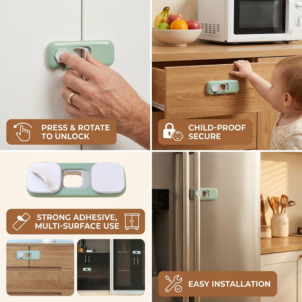 2-Pack Child Safety Locks for Cabinets, Fridge & Drawers – Multi-Purpose Safety Latches for Babies & Kids