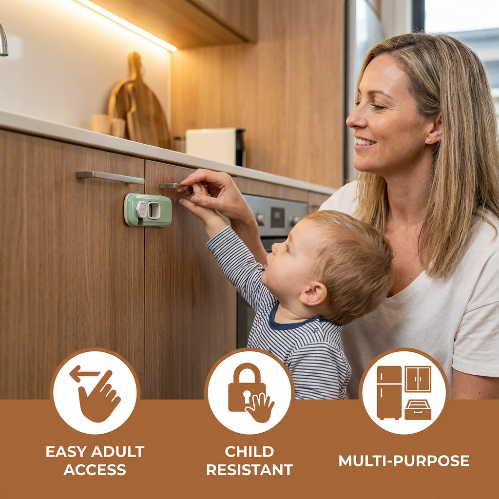 2-Pack Child Safety Locks for Cabinets, Fridge & Drawers – Multi-Purpose Safety Latches for Babies & Kids