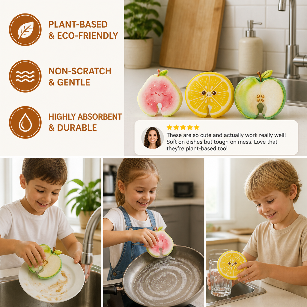 Fruit-Shaped Pop-Up Cellulose Sponges – 3-Pack of Plant-Based, Non-Scratch Kitchen Sponges