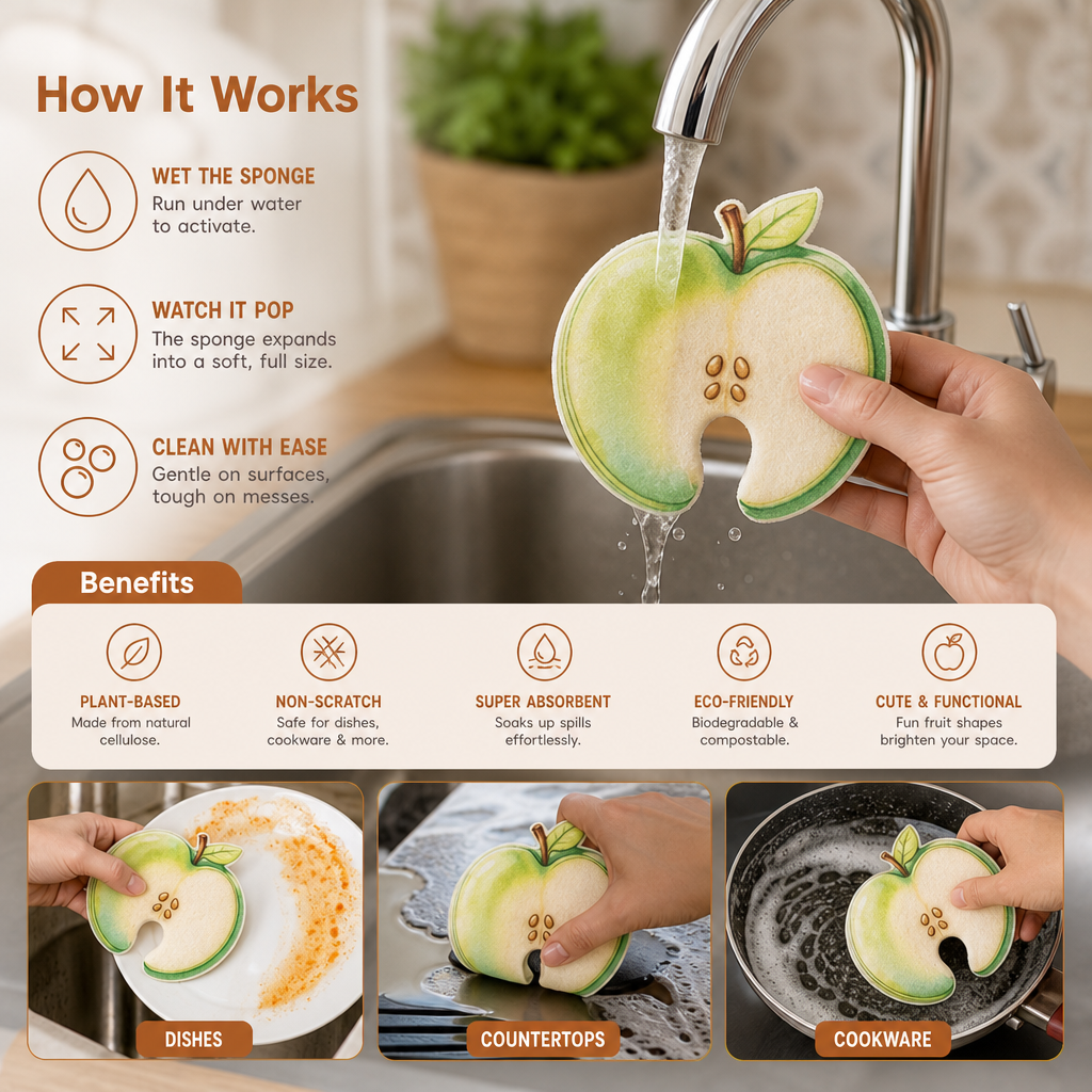 Fruit-Shaped Pop-Up Cellulose Sponges – 3-Pack of Plant-Based, Non-Scratch Kitchen Sponges