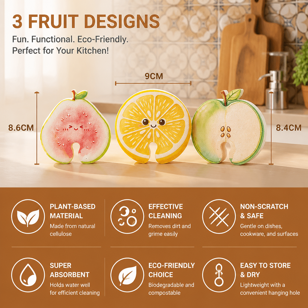 Fruit-Shaped Pop-Up Cellulose Sponges – 3-Pack of Plant-Based, Non-Scratch Kitchen Sponges