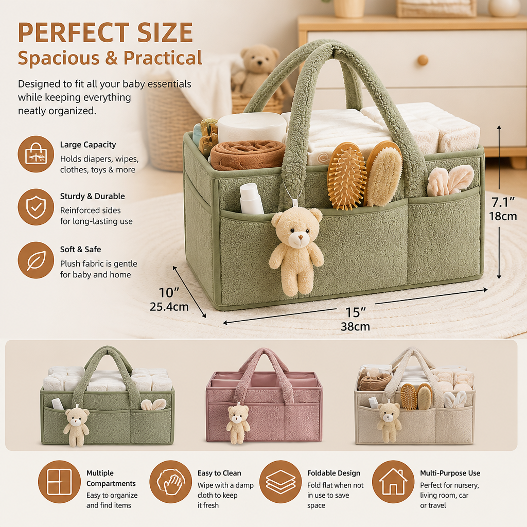 Plush Sherpa Baby Diaper Caddy – Storage Basket for Nursery & Changing Table