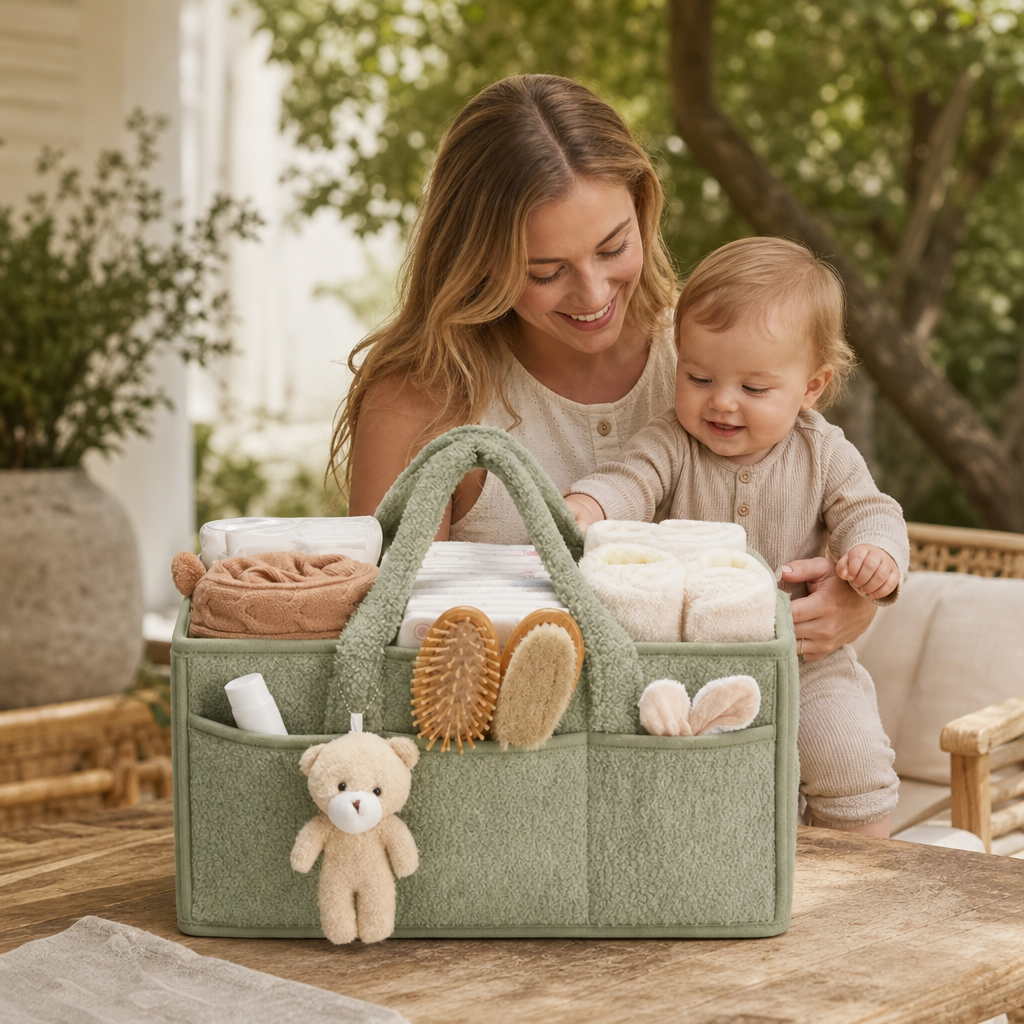 Plush Sherpa Baby Diaper Caddy – Storage Basket for Nursery & Changing Table