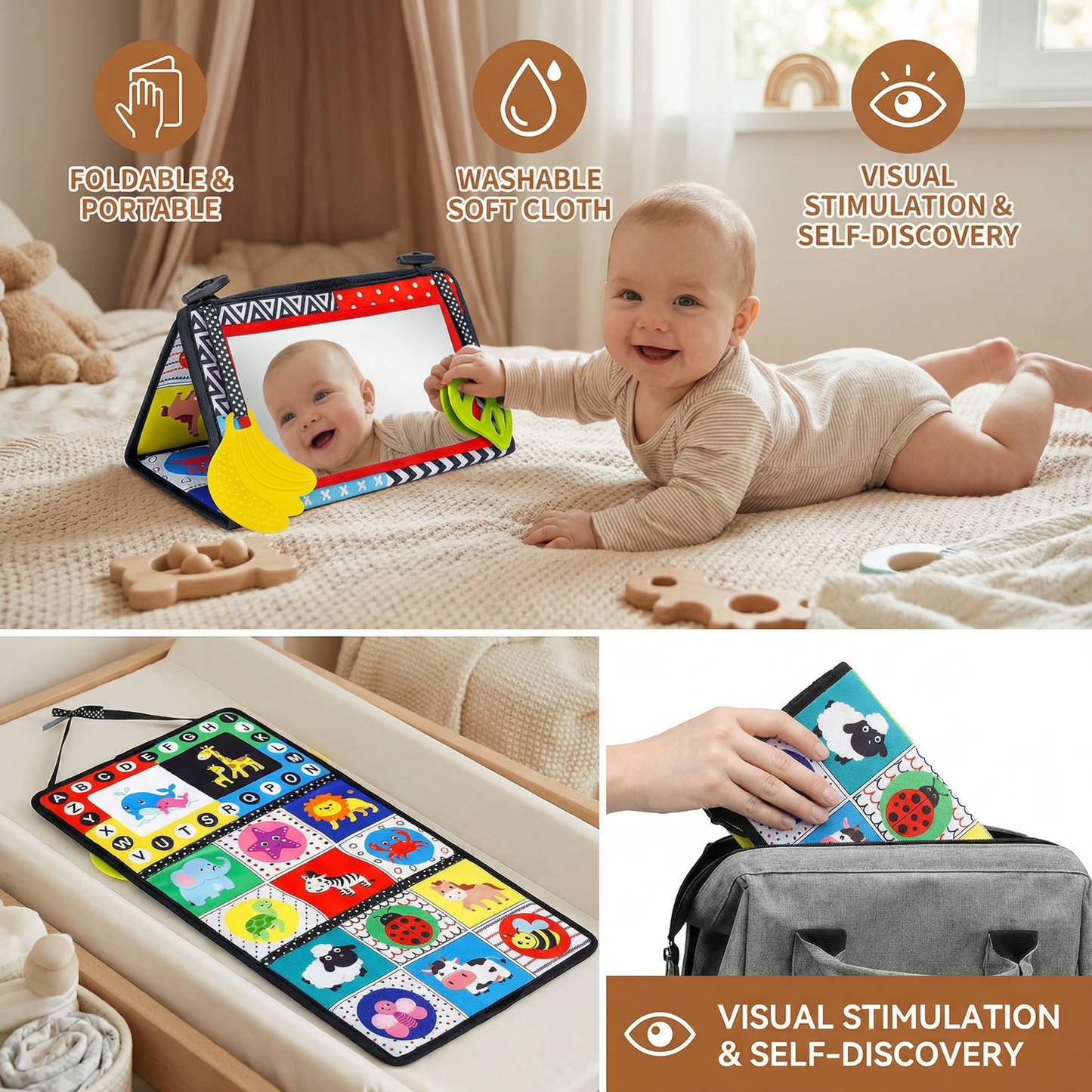 Interactive Baby Mirror Book – Foldable & Washable Soft Cloth Toy