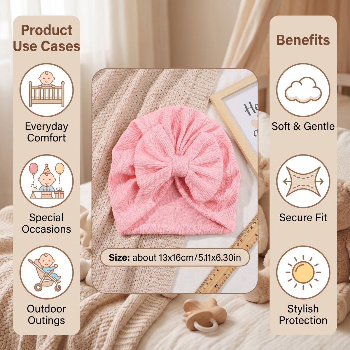 Ruched Baby Turban with Bow – Soft Knit Newborn Hat